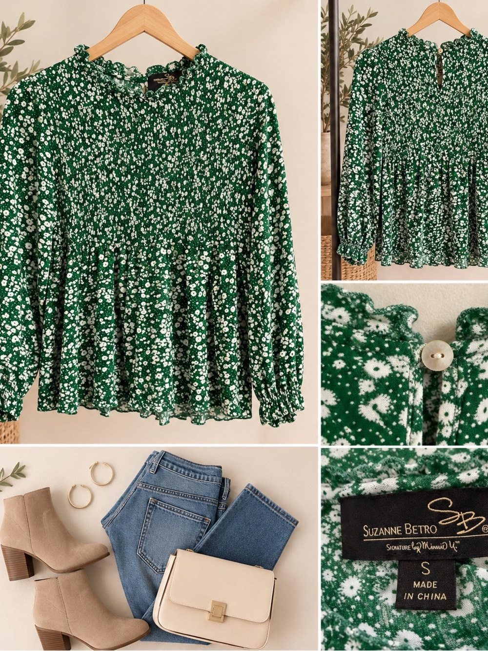 Suzanne Betro Green and White Floral Peplum Blouse Size S
